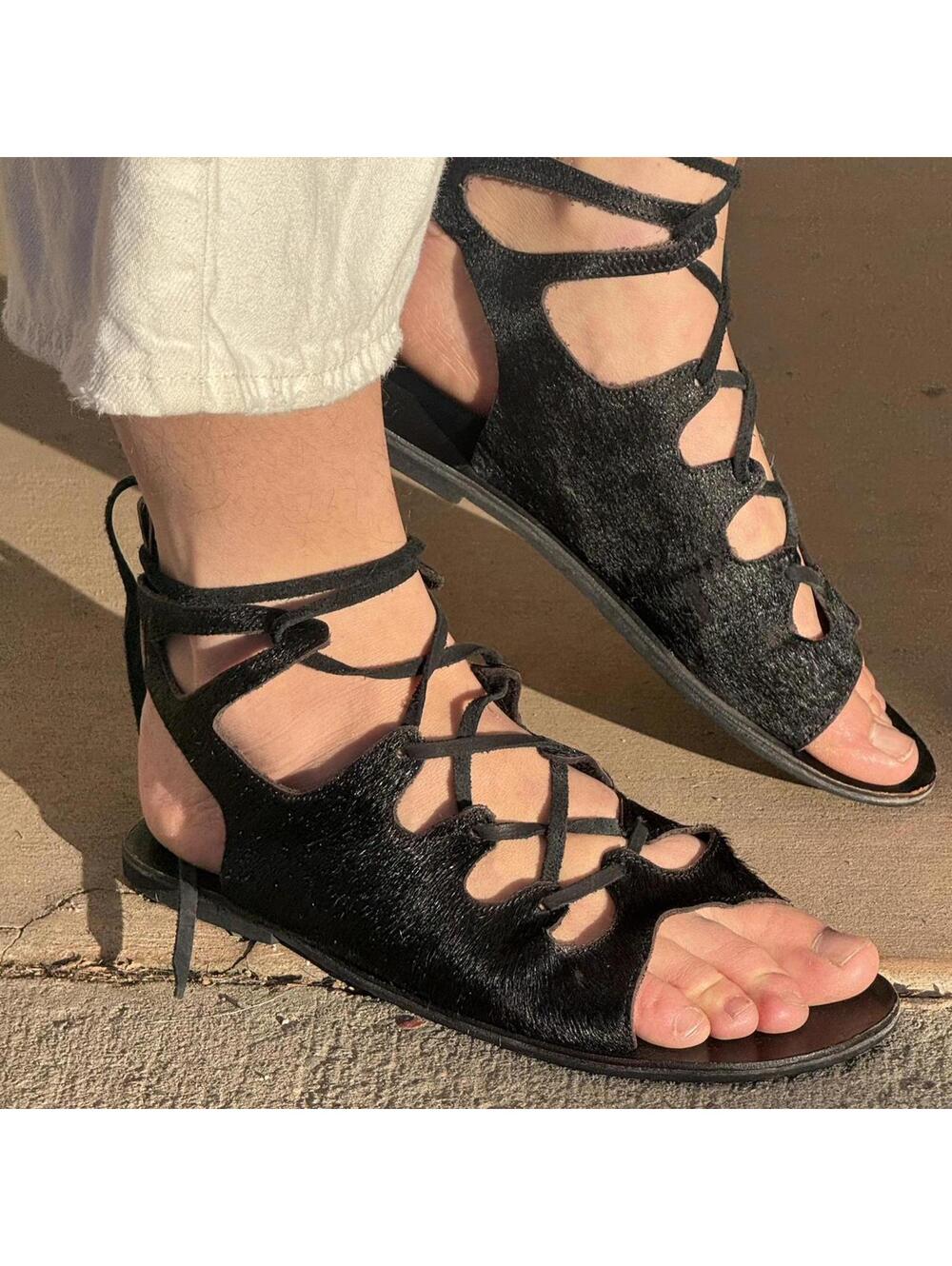 Y2K Black Pony Hair Gladiator Sandals | Fairycore Boho Lace Up Flats
